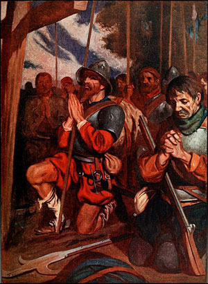 Conquistadors praying before a battle